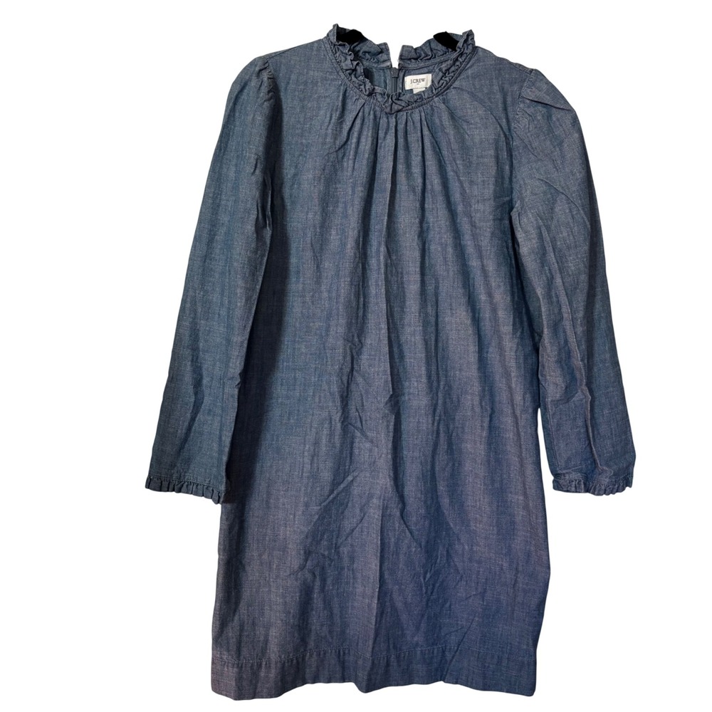 J.Crew Factory Women's Chambray Dress Large Blue Ruffle Neck Long Sleeve
